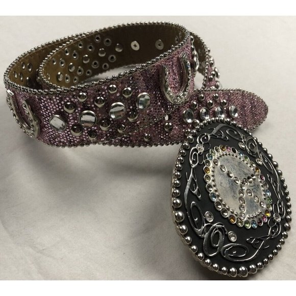 Taylor Brands leather studded Belt Woman Rhinestones Pink Peace and love buckle - Picture 3 of 6